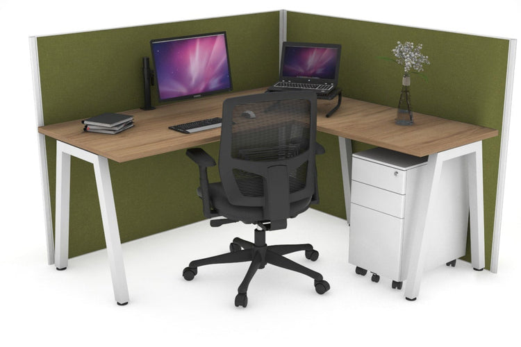 Horizon Quadro A Leg L-Shaped Corner Office Desk [1400L x 1450W] Jasonl white leg salvage oak green moss (1200H x 1400W x 1600W)