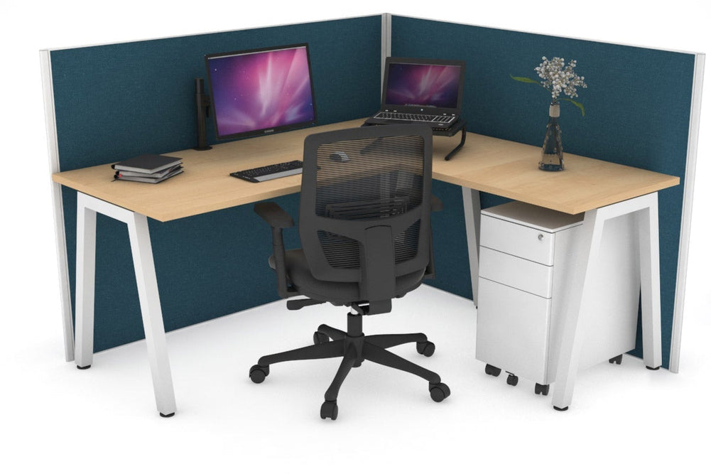 Horizon Quadro A Legs L-Shaped Corner Office Desk [1400L x 1450W]-white leg maple deep blue (1200H x 1400W x 1600W)