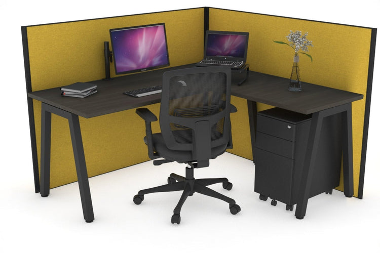 Horizon Quadro A Leg L-Shaped Corner Office Desk [1400L x 1450W] Jasonl black leg dark oak mustard yellow (1200H x 1400W x 1600W)