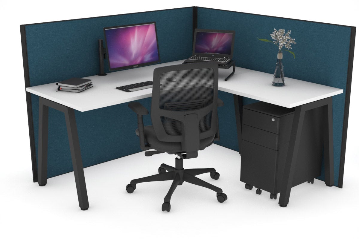 Horizon Quadro A Leg L-Shaped Corner Office Desk [1400L x 1450W] Jasonl black leg white deep blue (1200H x 1400W x 1600W)