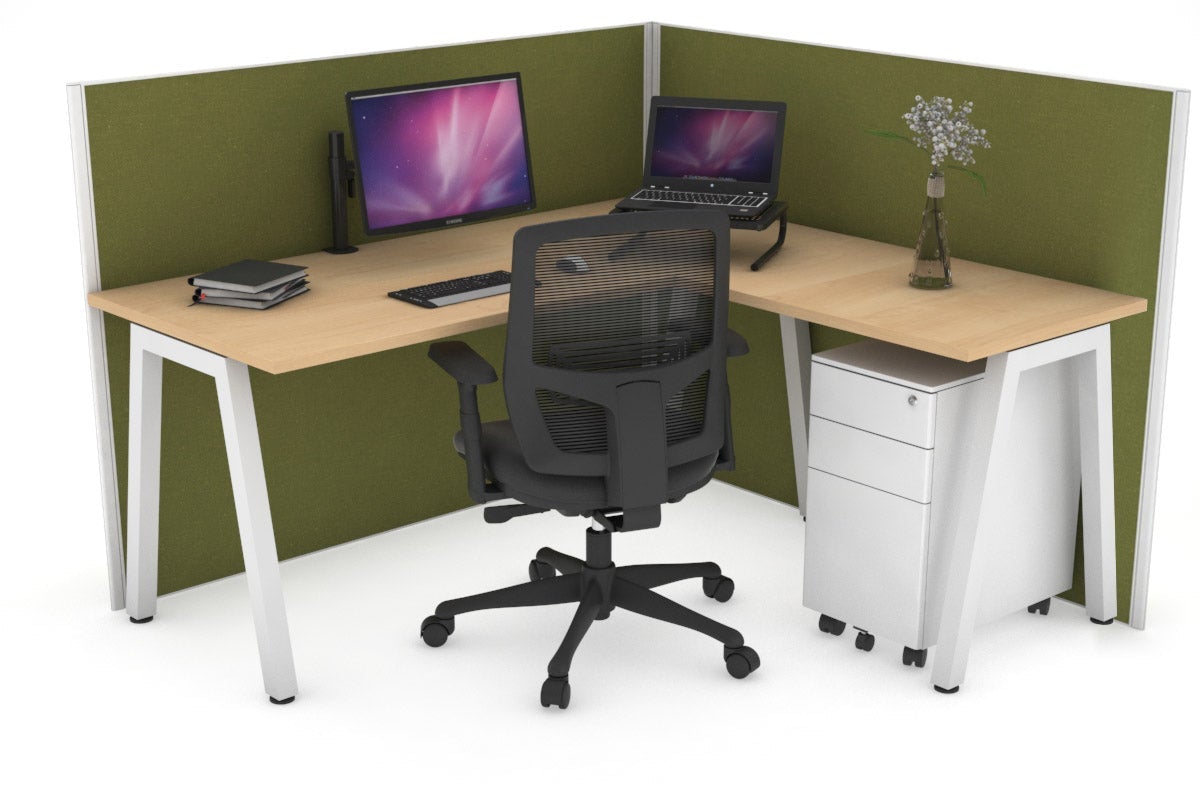 Horizon Quadro A Leg L-Shaped Corner Office Desk [1400L x 1450W] Jasonl white leg maple green moss (1200H x 1400W x 1600W)