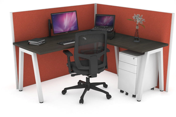 Horizon Quadro A Leg L-Shaped Corner Office Desk [1400L x 1450W] Jasonl white leg dark oak orange squash (1200H x 1400W x 1600W)