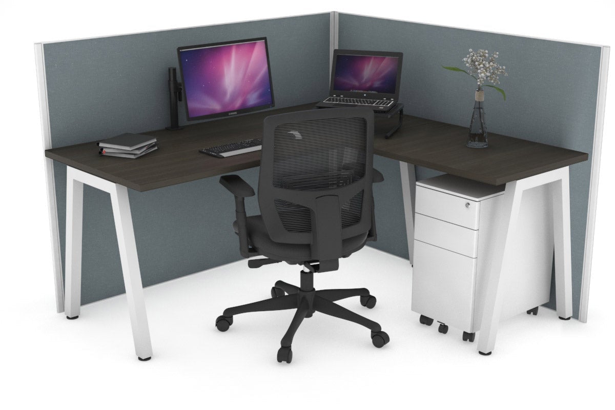 Horizon Quadro A Leg L-Shaped Corner Office Desk [1400L x 1450W] Jasonl white leg dark oak cool grey (1200H x 1400W x 1600W)
