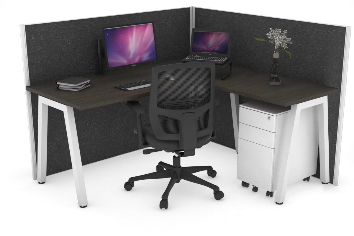 Horizon Quadro A Leg L-Shaped Corner Office Desk [1400L x 1450W] Jasonl white leg dark oak moody charcoal (1200H x 1400W x 1600W)
