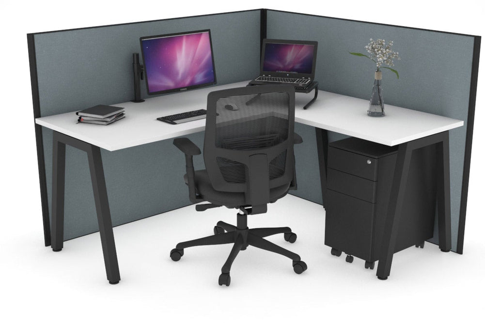 Horizon Quadro A Legs L-Shaped Corner Office Desk [1400L x 1450W]-black leg white cool grey (1200H x 1400W x 1600W)