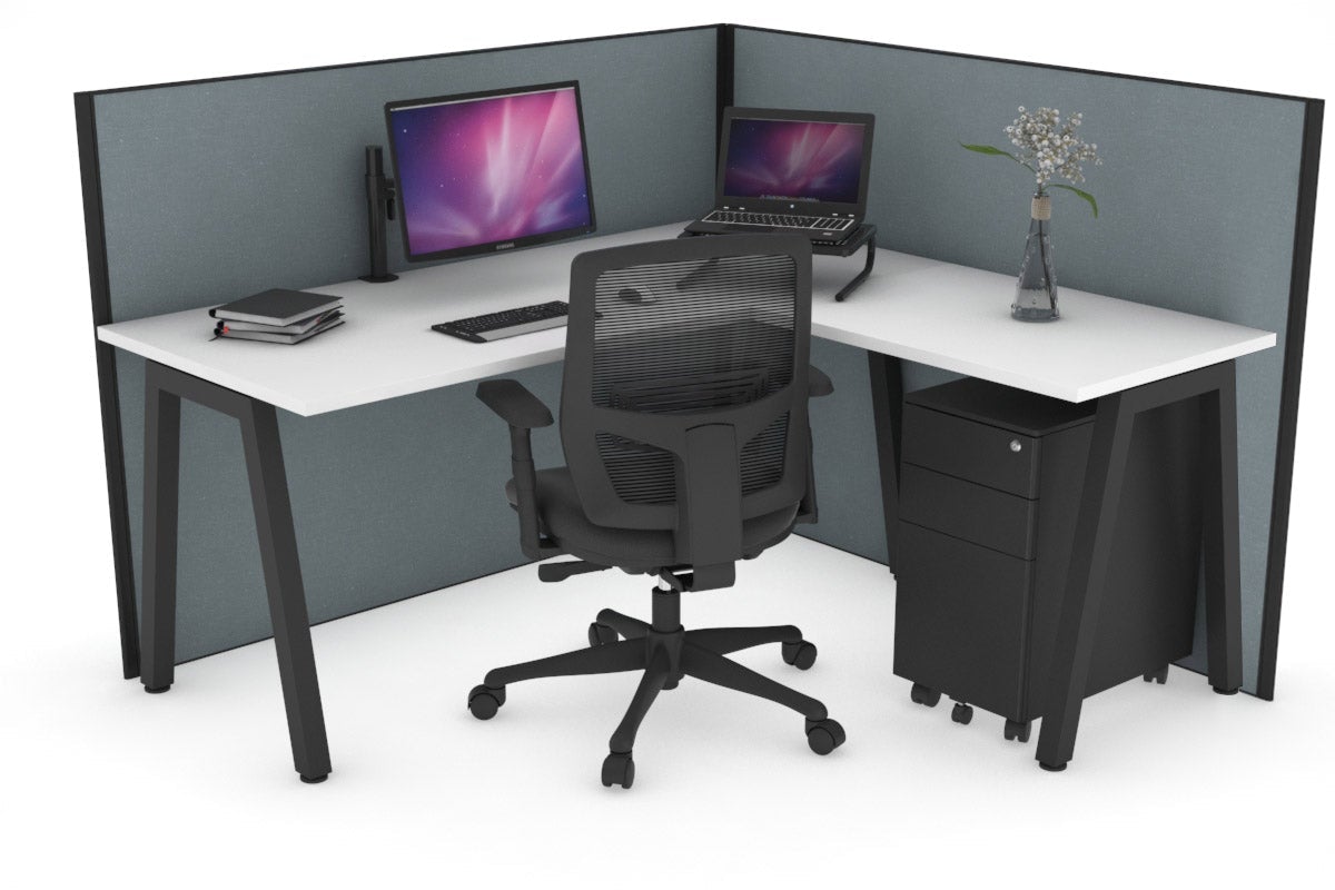 Horizon Quadro A Leg L-Shaped Corner Office Desk [1400L x 1450W] Jasonl black leg white cool grey (1200H x 1400W x 1600W)