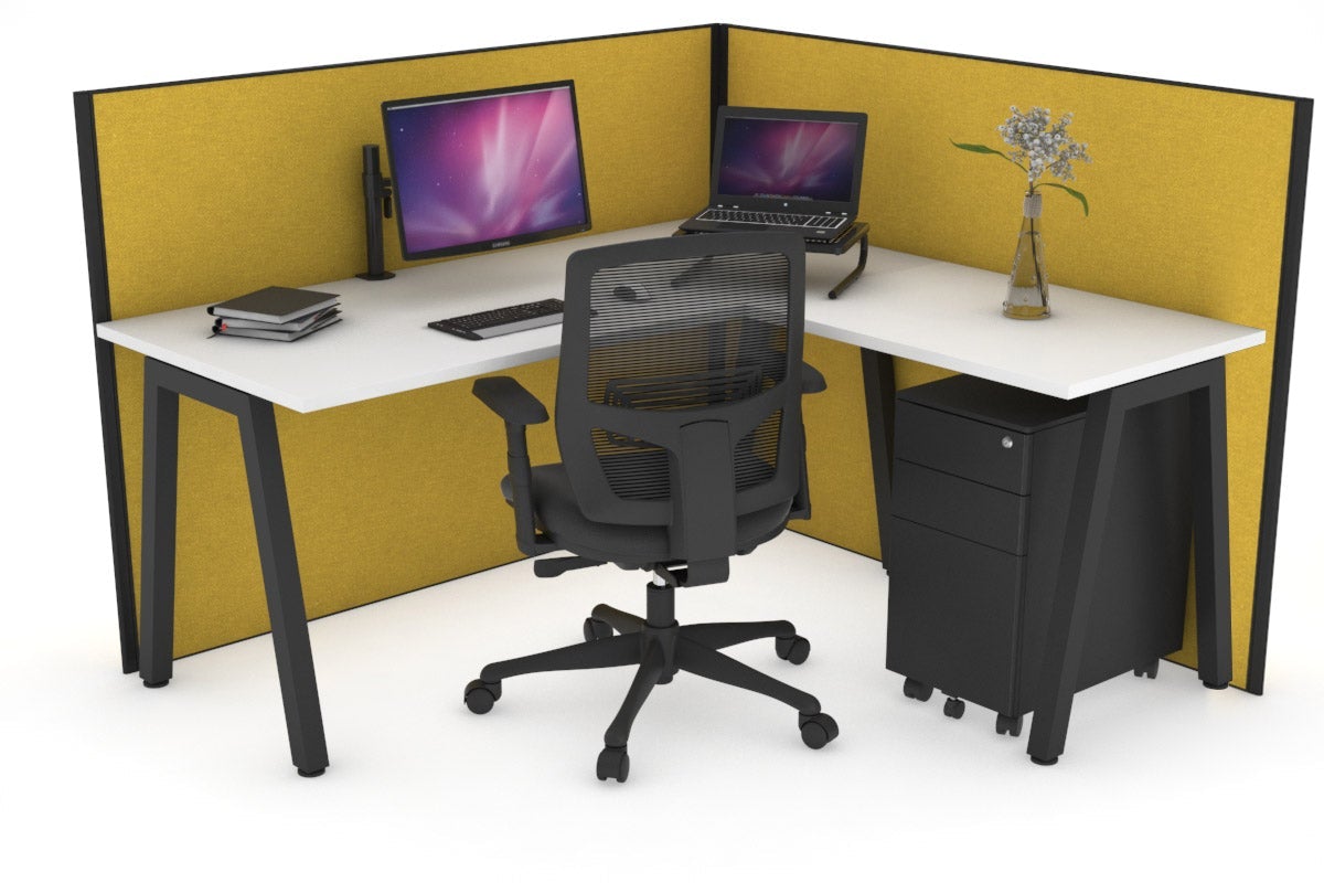 Horizon Quadro A Leg L-Shaped Corner Office Desk [1400L x 1450W] Jasonl black leg white mustard yellow (1200H x 1400W x 1600W)