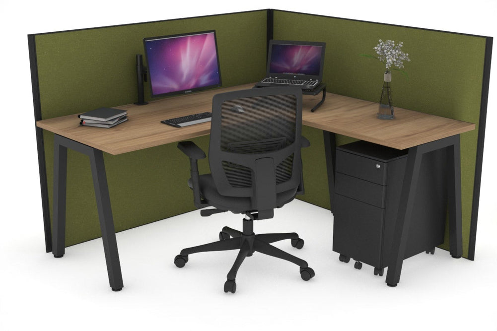 Horizon Quadro A Legs L-Shaped Corner Office Desk [1400L x 1450W]-black leg salvage oak green moss (1200H x 1400W x 1600W)