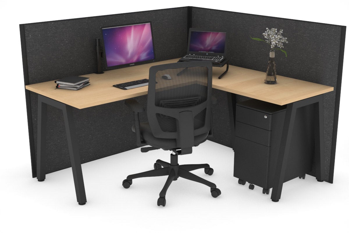 Horizon Quadro A Leg L-Shaped Corner Office Desk [1400L x 1450W] Jasonl black leg maple moody charcoal (1200H x 1400W x 1600W)