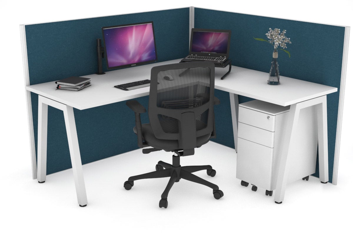 Horizon Quadro A Leg L-Shaped Corner Office Desk [1400L x 1450W] Jasonl white leg white deep blue (1200H x 1400W x 1600W)