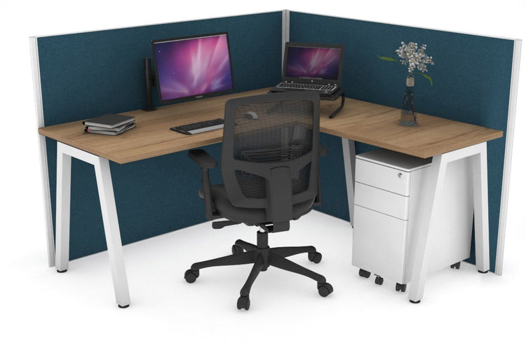 Horizon Quadro A Leg L-Shaped Corner Office Desk [1400L x 1450W] Jasonl white leg salvage oak deep blue (1200H x 1400W x 1600W)