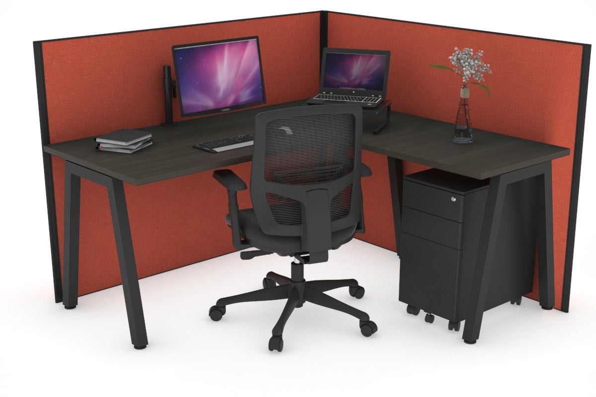 Horizon Quadro A Leg L-Shaped Corner Office Desk [1400L x 1450W] Jasonl black leg dark oak orange squash (1200H x 1400W x 1600W)