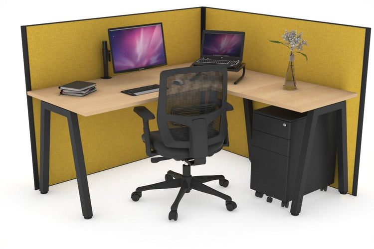 Horizon Quadro A Leg L-Shaped Corner Office Desk [1400L x 1450W] Jasonl black leg maple mustard yellow (1200H x 1400W x 1600W)