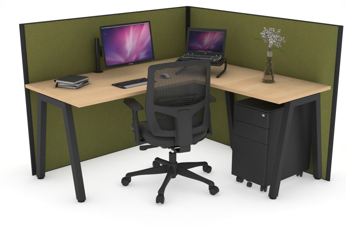 Horizon Quadro A Leg L-Shaped Corner Office Desk [1400L x 1450W] Jasonl black leg maple green moss (1200H x 1400W x 1600W)