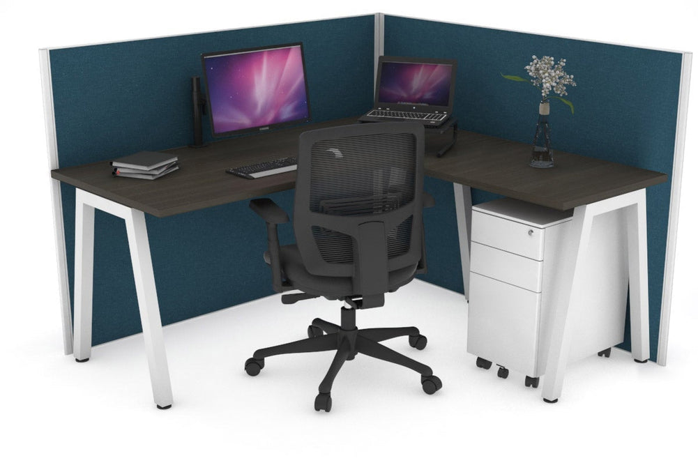 Horizon Quadro A Legs L-Shaped Corner Office Desk [1400L x 1450W]-white leg dark oak deep blue (1200H x 1400W x 1600W)
