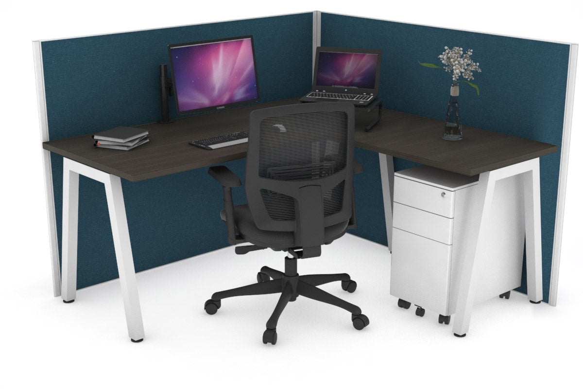Horizon Quadro A Leg L-Shaped Corner Office Desk [1400L x 1450W] Jasonl white leg dark oak deep blue (1200H x 1400W x 1600W)