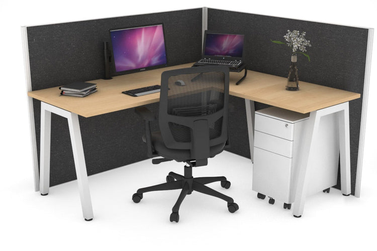 Horizon Quadro A Leg L-Shaped Corner Office Desk [1400L x 1450W] Jasonl white leg maple moody charcoal (1200H x 1400W x 1600W)