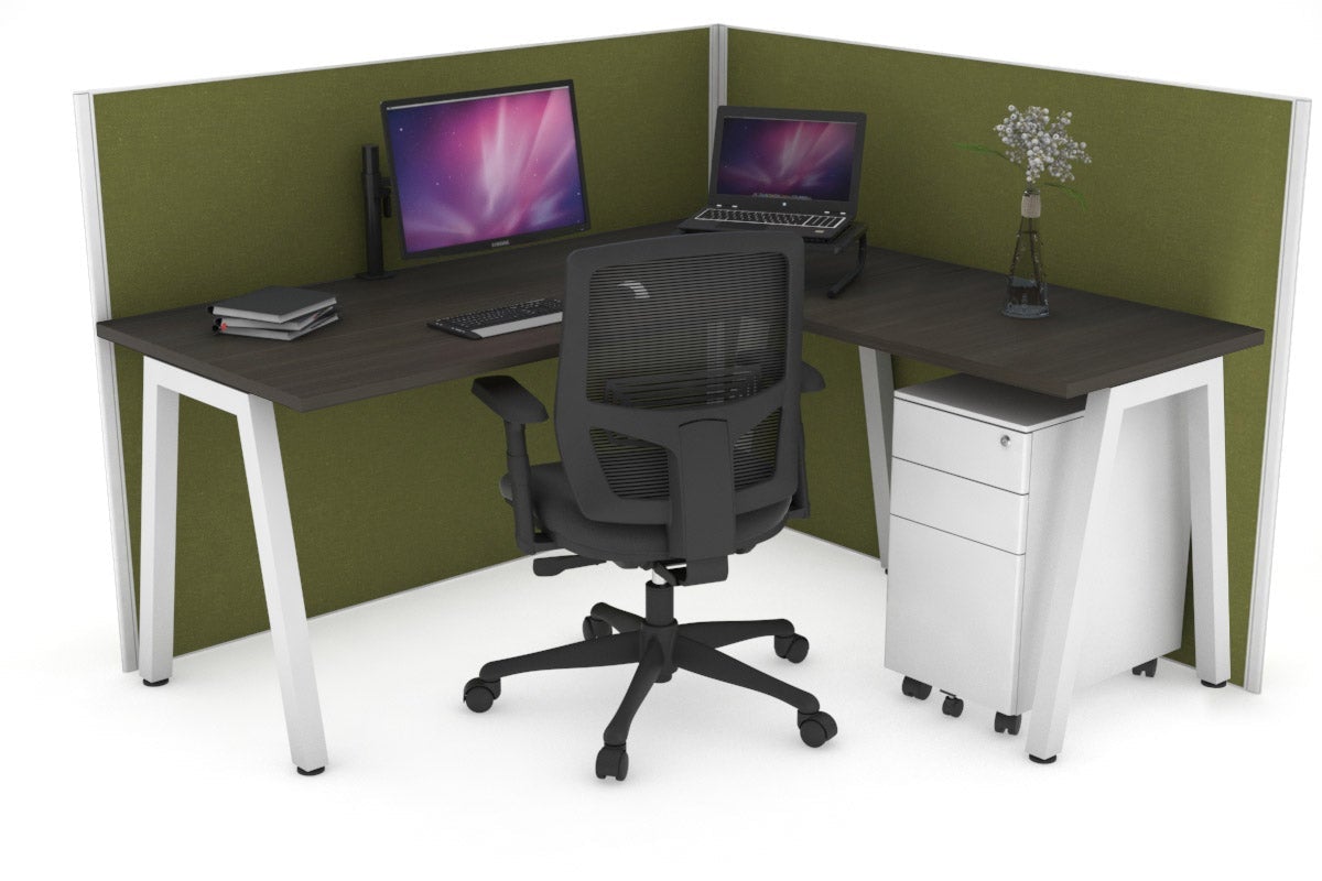Horizon Quadro A Leg L-Shaped Corner Office Desk [1400L x 1450W] Jasonl white leg dark oak green moss (1200H x 1400W x 1600W)