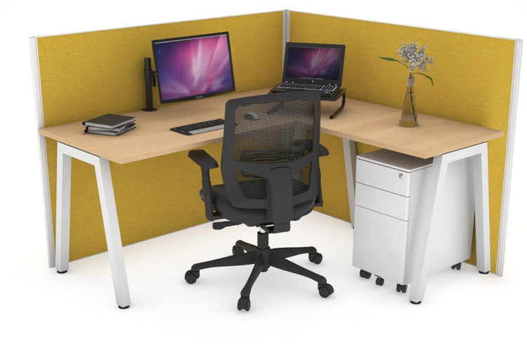 Horizon Quadro A Leg L-Shaped Corner Office Desk [1400L x 1450W] Jasonl white leg maple mustard yellow (1200H x 1400W x 1600W)