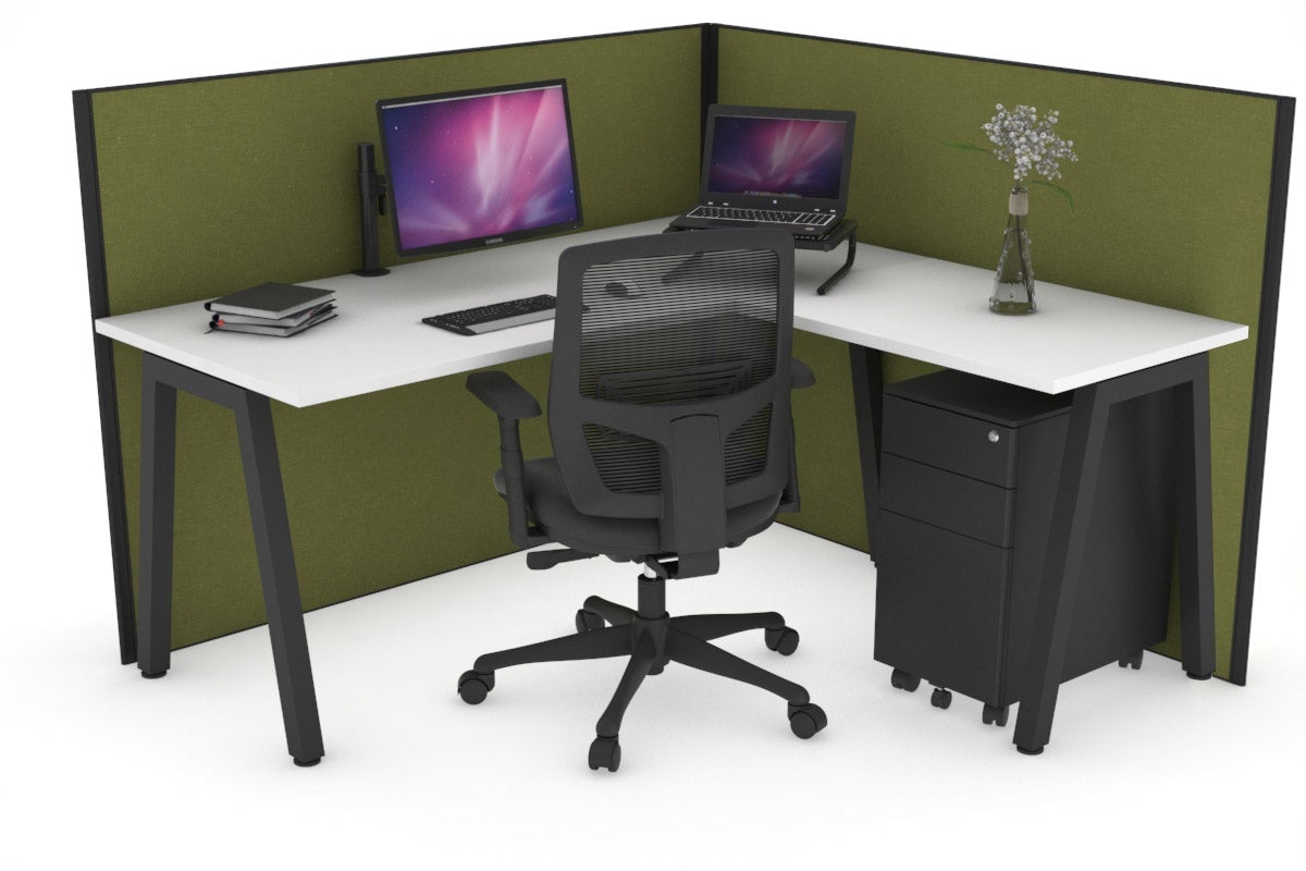 Horizon Quadro A Leg L-Shaped Corner Office Desk [1400L x 1450W] Jasonl black leg white green moss (1200H x 1400W x 1600W)