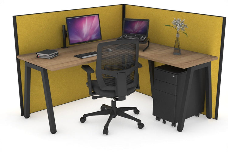 Horizon Quadro A Leg L-Shaped Corner Office Desk [1400L x 1450W] Jasonl black leg salvage oak mustard yellow (1200H x 1400W x 1600W)
