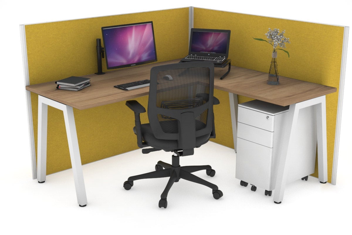 Horizon Quadro A Leg L-Shaped Corner Office Desk [1400L x 1450W] Jasonl white leg salvage oak mustard yellow (1200H x 1400W x 1600W)