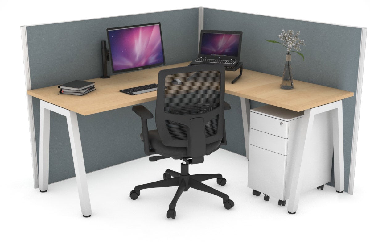Horizon Quadro A Leg L-Shaped Corner Office Desk [1400L x 1450W] Jasonl white leg maple cool grey (1200H x 1400W x 1600W)