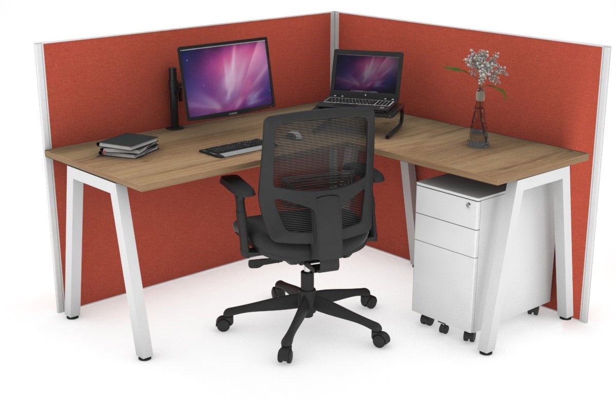 Horizon Quadro A Leg L-Shaped Corner Office Desk [1400L x 1450W] Jasonl white leg salvage oak orange squash (1200H x 1400W x 1600W)