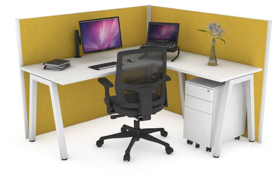 Horizon Quadro A Leg L-Shaped Corner Office Desk [1400L x 1450W] Jasonl white leg white mustard yellow (1200H x 1400W x 1600W)