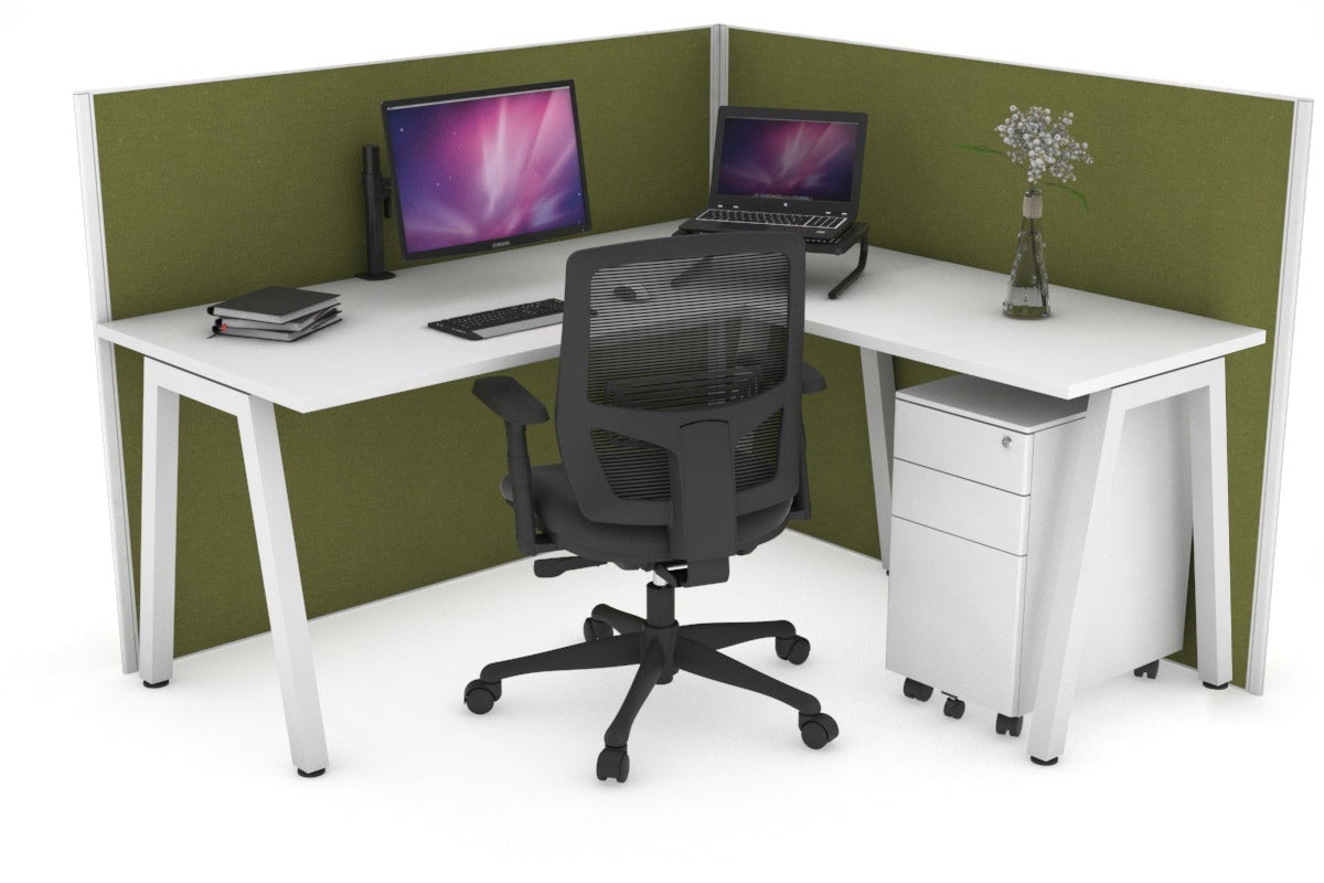 Horizon Quadro A Leg L-Shaped Corner Office Desk [1400L x 1450W] Jasonl white leg white green moss (1200H x 1400W x 1600W)
