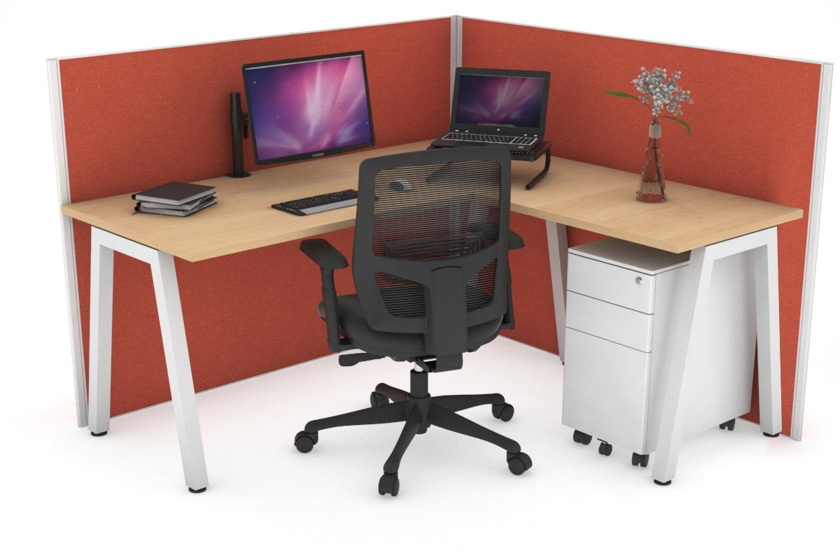 Horizon Quadro A Leg L-Shaped Corner Office Desk [1400L x 1450W] Jasonl white leg maple orange squash (1200H x 1400W x 1600W)