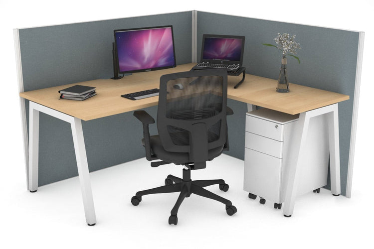 Horizon Quadro A Leg L-Shaped Corner Office Desk [1400L x 1550W with Cable Scallop] Jasonl white leg maple cool grey (1200H x 1400W x 1600W)