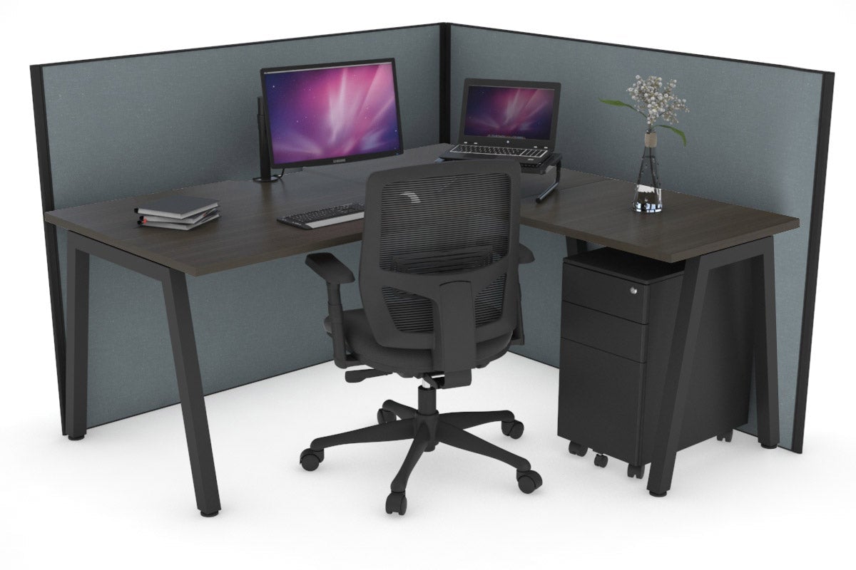 Horizon Quadro A Leg L-Shaped Corner Office Desk [1400L x 1550W with Cable Scallop] Jasonl black leg dark oak cool grey (1200H x 1400W x 1600W)