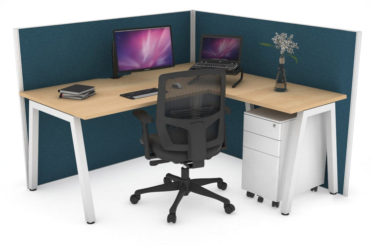 Horizon Quadro A Leg L-Shaped Corner Office Desk [1400L x 1550W with Cable Scallop] Jasonl white leg maple deep blue (1200H x 1400W x 1600W)