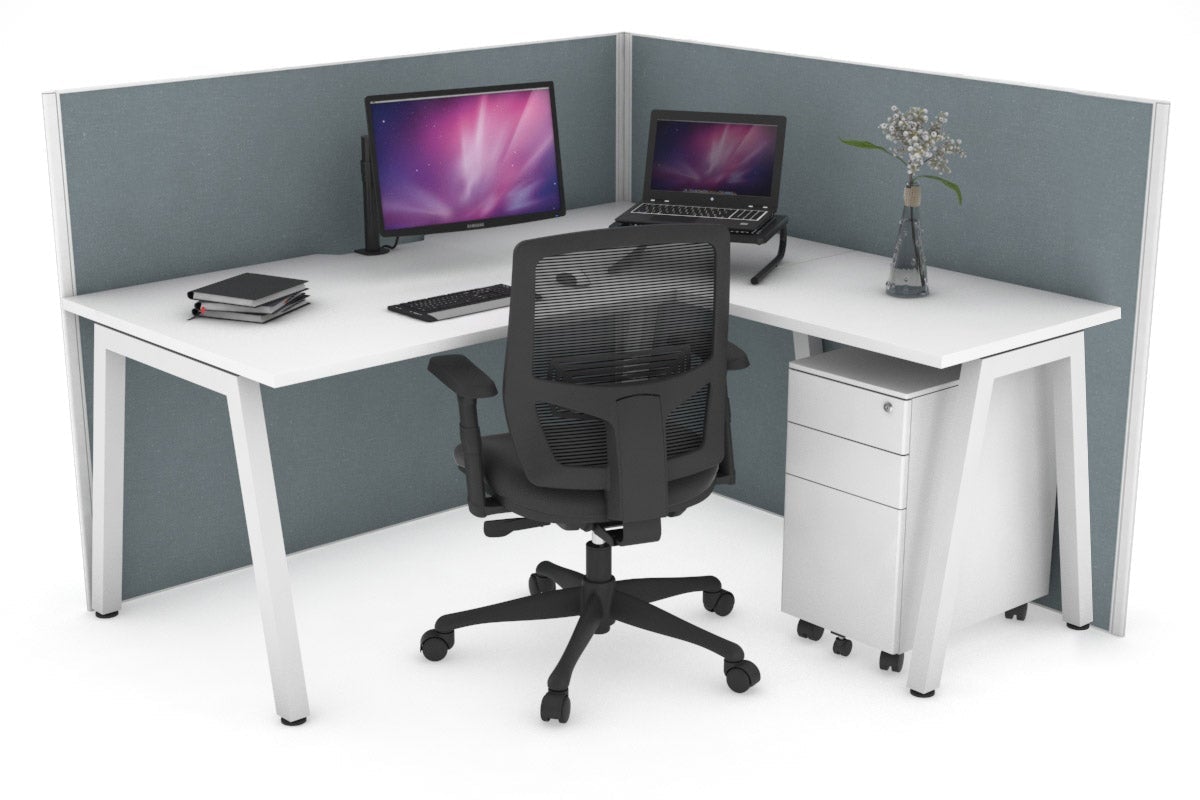 Horizon Quadro A Leg L-Shaped Corner Office Desk [1400L x 1550W with Cable Scallop] Jasonl white leg white cool grey (1200H x 1400W x 1600W)