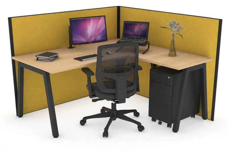 Horizon Quadro A Leg L-Shaped Corner Office Desk [1400L x 1550W with Cable Scallop] Jasonl black leg maple mustard yellow (1200H x 1400W x 1600W)
