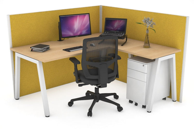 Horizon Quadro A Leg L-Shaped Corner Office Desk [1400L x 1550W with Cable Scallop] Jasonl white leg maple mustard yellow (1200H x 1400W x 1600W)