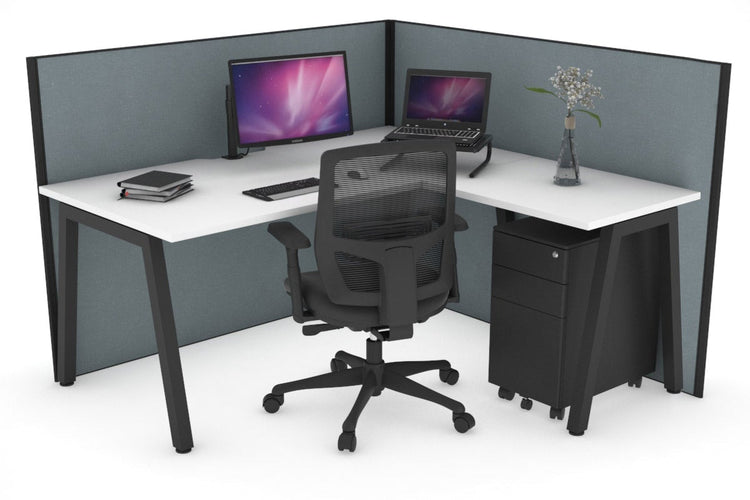 Horizon Quadro A Leg L-Shaped Corner Office Desk [1400L x 1550W with Cable Scallop] Jasonl black leg white cool grey (1200H x 1400W x 1600W)