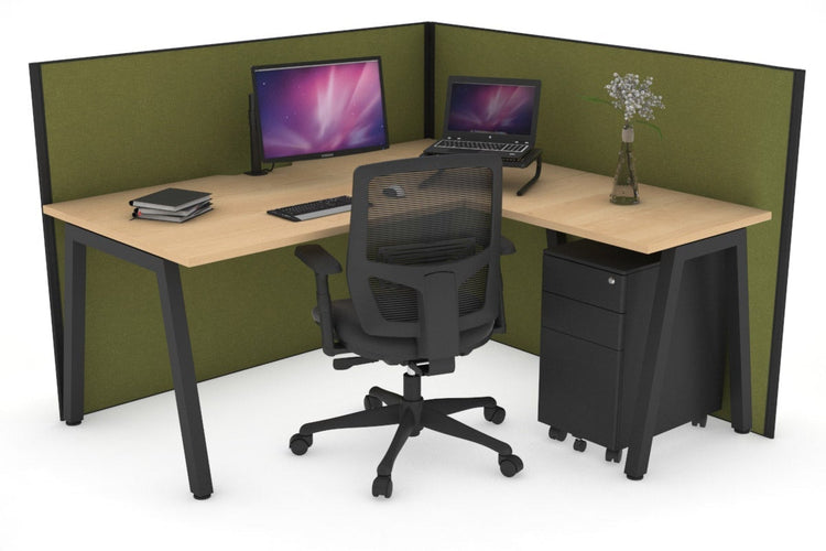 Horizon Quadro A Leg L-Shaped Corner Office Desk [1400L x 1550W with Cable Scallop] Jasonl black leg maple green moss (1200H x 1400W x 1600W)