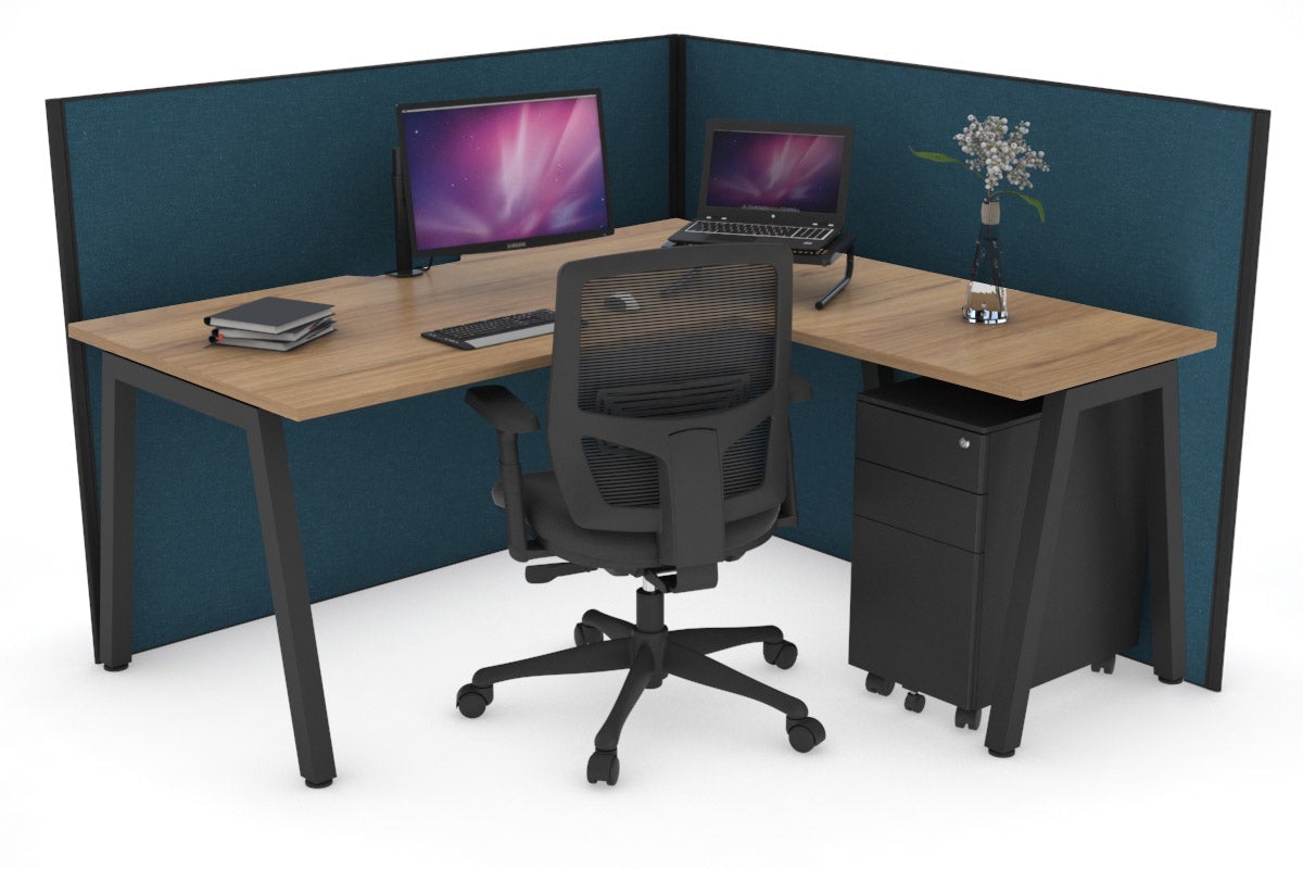 Horizon Quadro A Leg L-Shaped Corner Office Desk [1400L x 1550W with Cable Scallop] Jasonl black leg salvage oak deep blue (1200H x 1400W x 1600W)