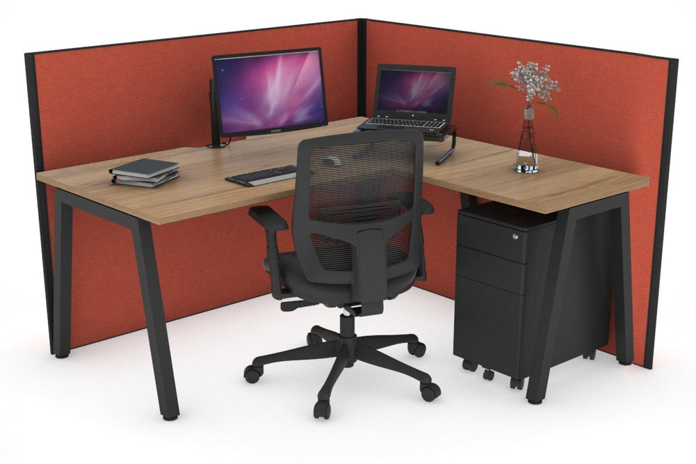 Horizon Quadro A Legs L-Shaped Corner Office Desk [1400L x 1550W with Cable Scallop]-black leg salvage oak orange squash (1200H x 1400W x 1600W)