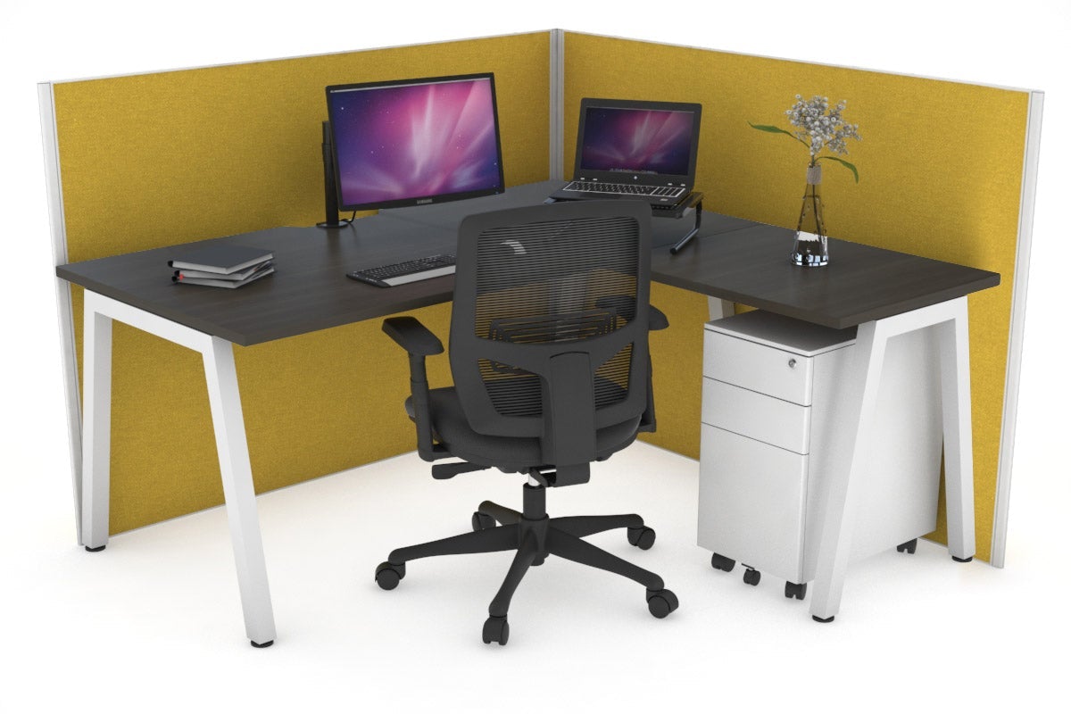 Horizon Quadro A Leg L-Shaped Corner Office Desk [1400L x 1550W with Cable Scallop] Jasonl white leg dark oak mustard yellow (1200H x 1400W x 1600W)