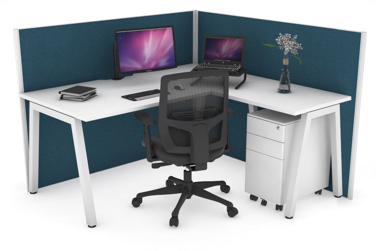 Horizon Quadro A Leg L-Shaped Corner Office Desk [1400L x 1550W with Cable Scallop] Jasonl white leg white deep blue (1200H x 1400W x 1600W)