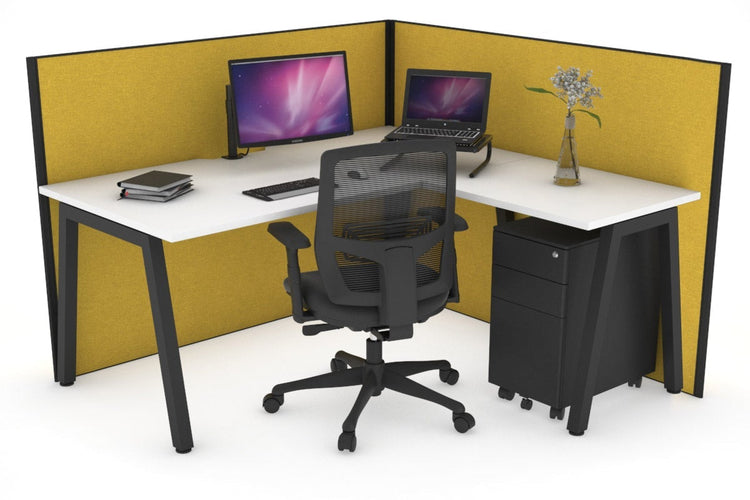 Horizon Quadro A Leg L-Shaped Corner Office Desk [1400L x 1550W with Cable Scallop] Jasonl black leg white mustard yellow (1200H x 1400W x 1600W)