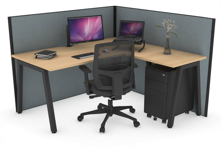 Horizon Quadro A Leg L-Shaped Corner Office Desk [1400L x 1550W with Cable Scallop] Jasonl black leg maple cool grey (1200H x 1400W x 1600W)