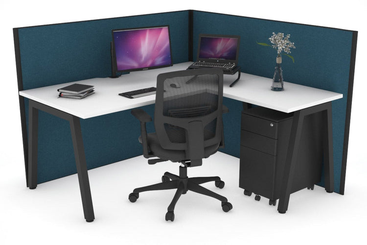 Horizon Quadro A Leg L-Shaped Corner Office Desk [1400L x 1550W with Cable Scallop] Jasonl black leg white deep blue (1200H x 1400W x 1600W)
