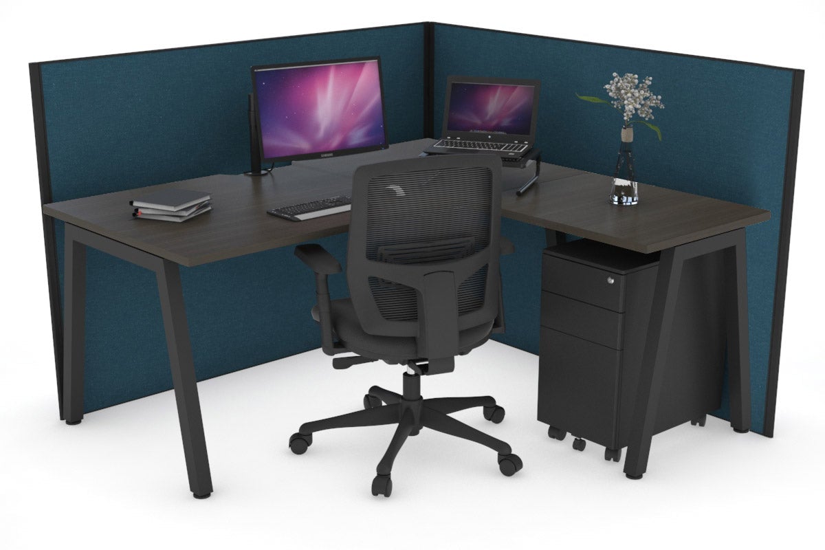Horizon Quadro A Leg L-Shaped Corner Office Desk [1400L x 1550W with Cable Scallop] Jasonl black leg dark oak deep blue (1200H x 1400W x 1600W)