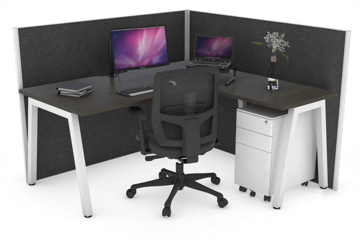 Horizon Quadro A Leg L-Shaped Corner Office Desk [1400L x 1550W with Cable Scallop] Jasonl white leg dark oak moody charcoal (1200H x 1400W x 1600W)