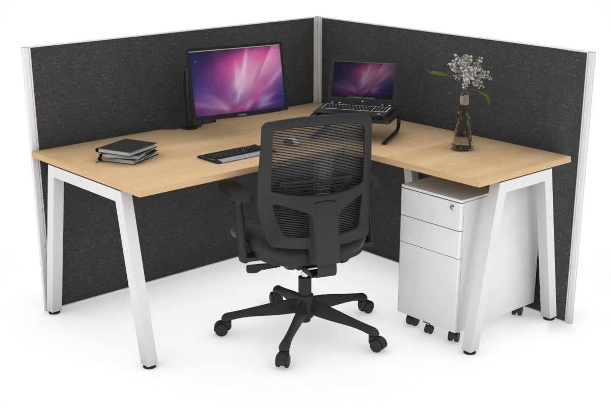 Horizon Quadro A Leg L-Shaped Corner Office Desk [1400L x 1550W with Cable Scallop] Jasonl white leg maple moody charcoal (1200H x 1400W x 1600W)