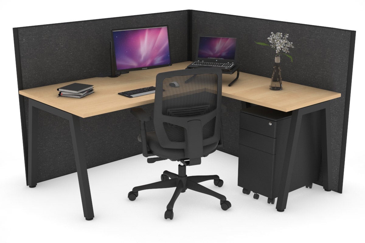 Horizon Quadro A Leg L-Shaped Corner Office Desk [1400L x 1550W with Cable Scallop] Jasonl black leg maple moody charcoal (1200H x 1400W x 1600W)